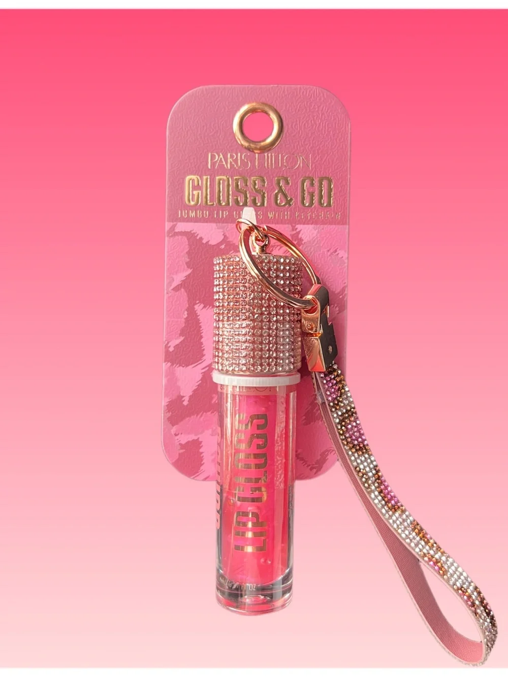 Paris Hilton JUMBO Pink Gloss & Go Lip Gloss Keychain with Jeweled Cap